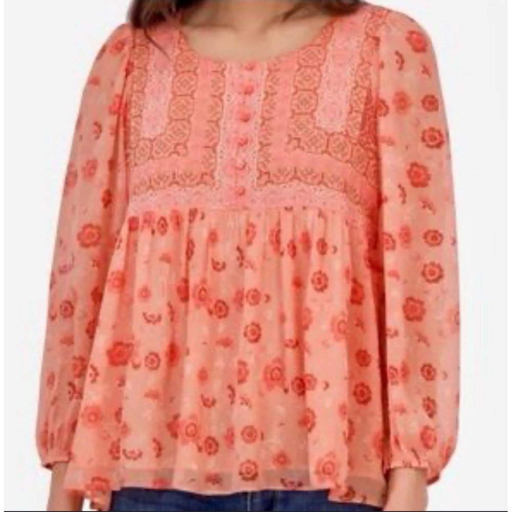 Lucky‎ Brand Women's Peach Pink Floral Long Sleeved Top Size Medium